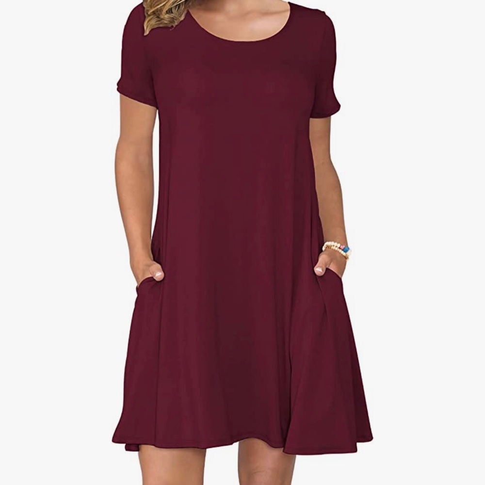 KORSIS Wine Red , Casual T shirt Dress Short Sleeve Swing Dress with Pockets